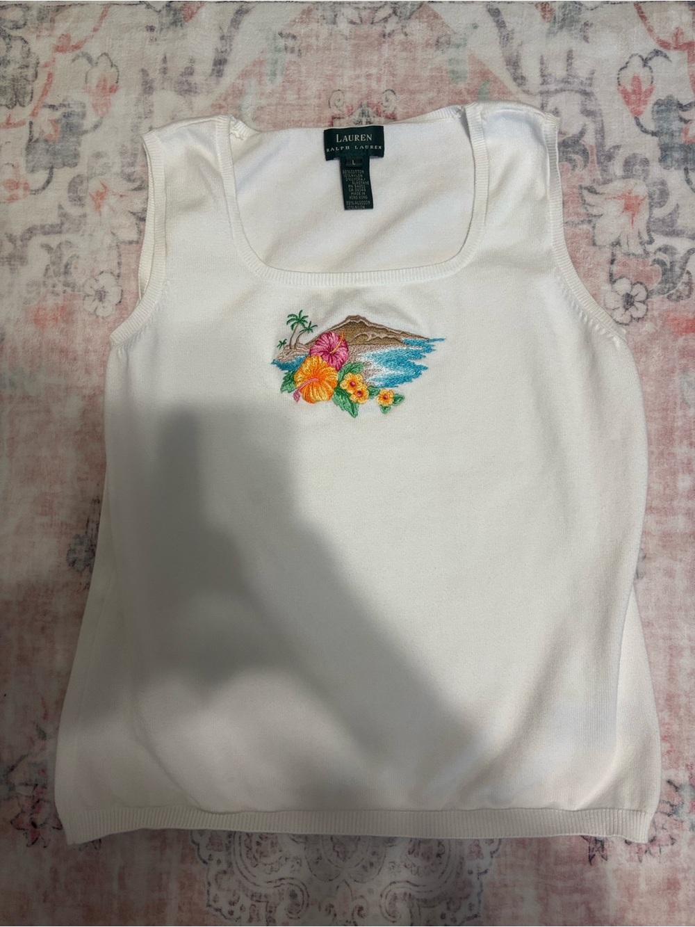 Ralph Lauren White Sleeveless Tank with Tropical Embroidery